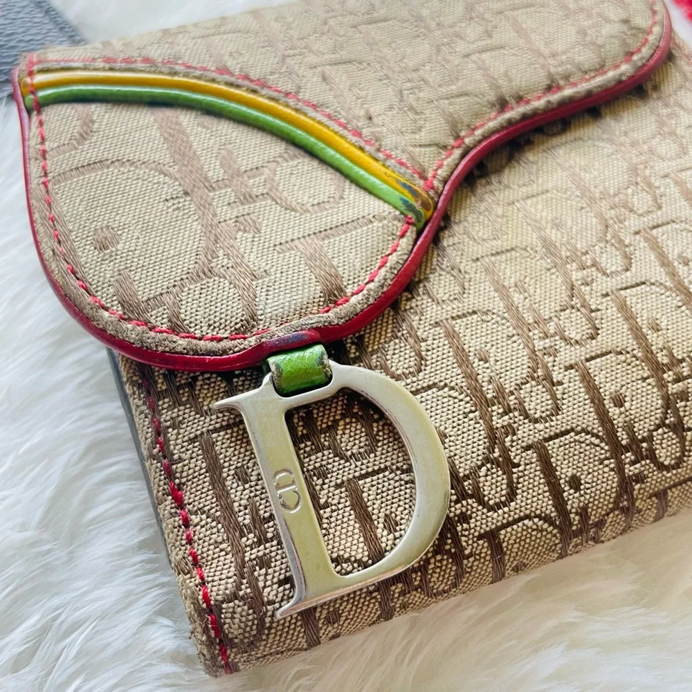 CHRISTIAN DIOR 🤍 Y2K 💙 DIORISSIMO CANVAS RASTA SADDLE WALLET ❤️ RARE 💛